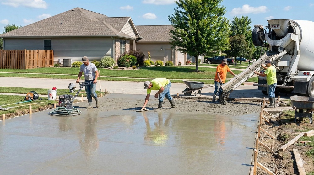 Representative photo of a concrete crew pouring and finishing a driveway