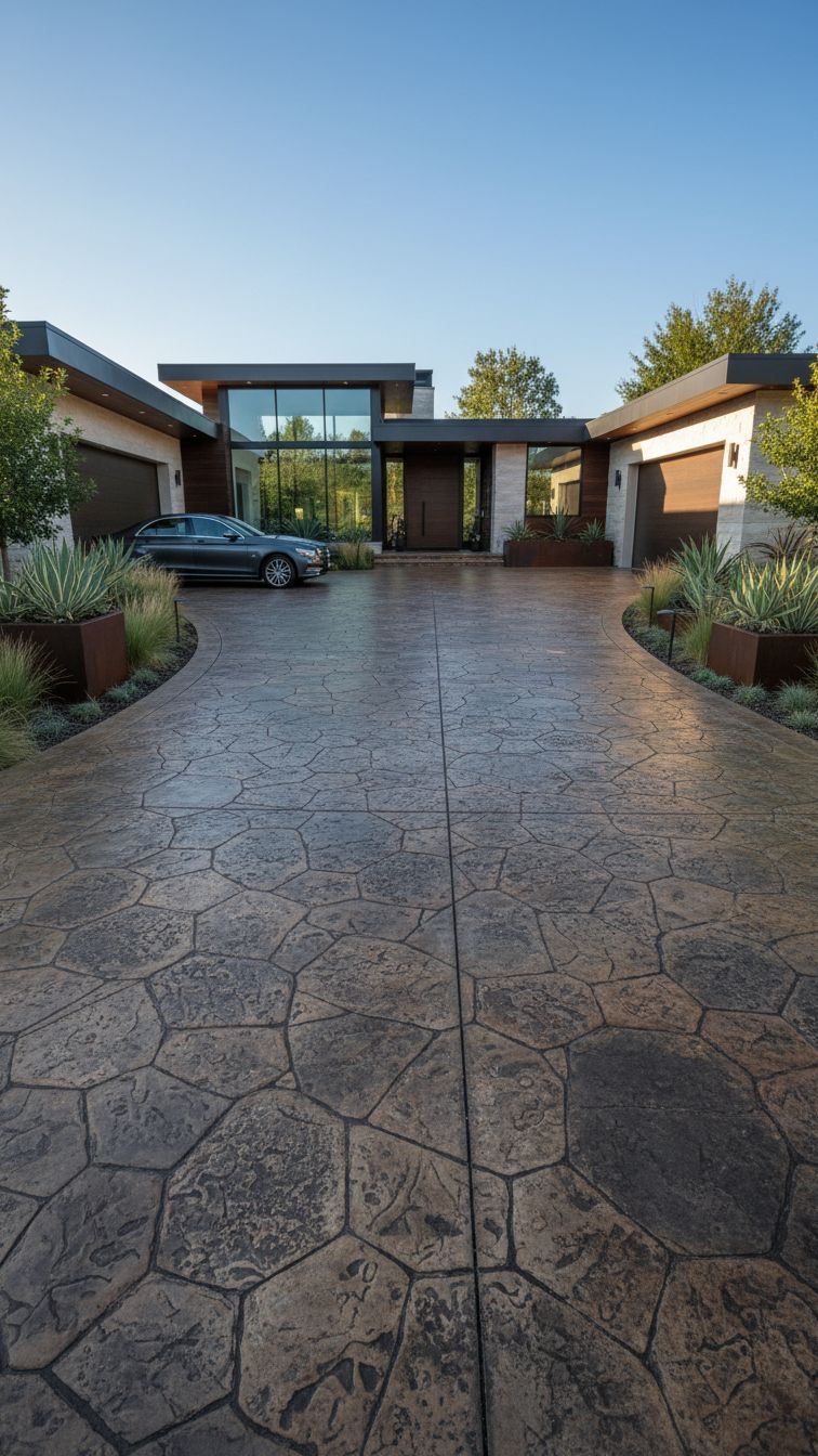 Representative image of a finished stamped concrete driveway leading to a modern home
