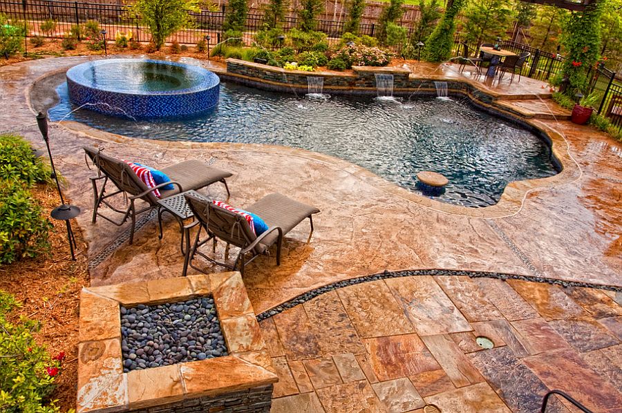 Representative example of a decorative stamped concrete pool deck with spa